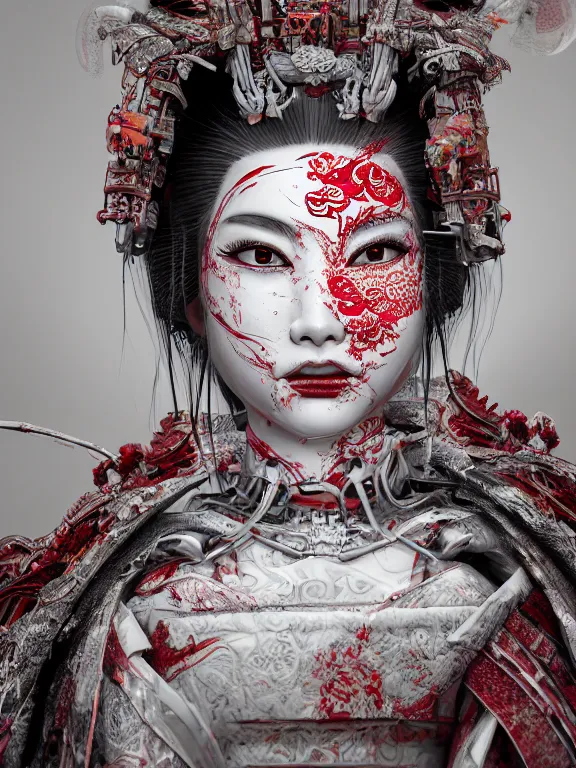 Prompt: portrait art of 8k ultra realistic geisha,intricate white and red mask, detailed intricate ornate armour,decaying, cybernetic, full of colour, cinematic lighting, battered, trending on artstation, 4k, hyperrealistic, focused, extreme details,unreal engine 5, cinematic, masterpiece, art by ayami kojima, giger