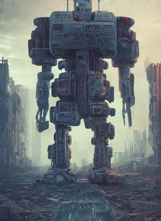 Prompt: a painting of a giant robot standing in front of a post apocalyptic city ruins, cyberpunk art by mike winkelmann, behance contest winner, nuclear art, dystopian art, apocalypse art, sci - fi
