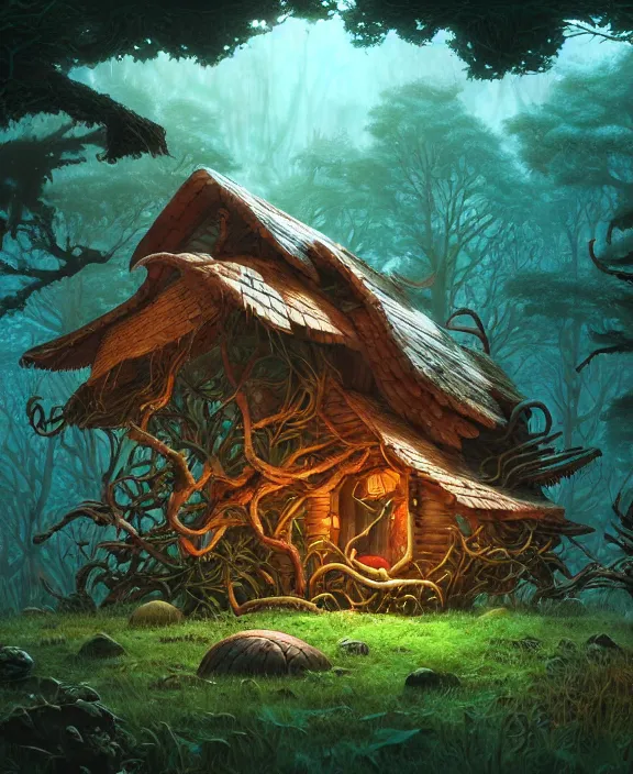 Prompt: a whimsical cabin made from exotic fungus, overgrown with huge rare fungus, deep in the woods, by dan mumford, yusuke murata, makoto shinkai, ross tran, underwater, hellish, cinematic, unreal engine, cel shaded, featured on artstation, pixiv