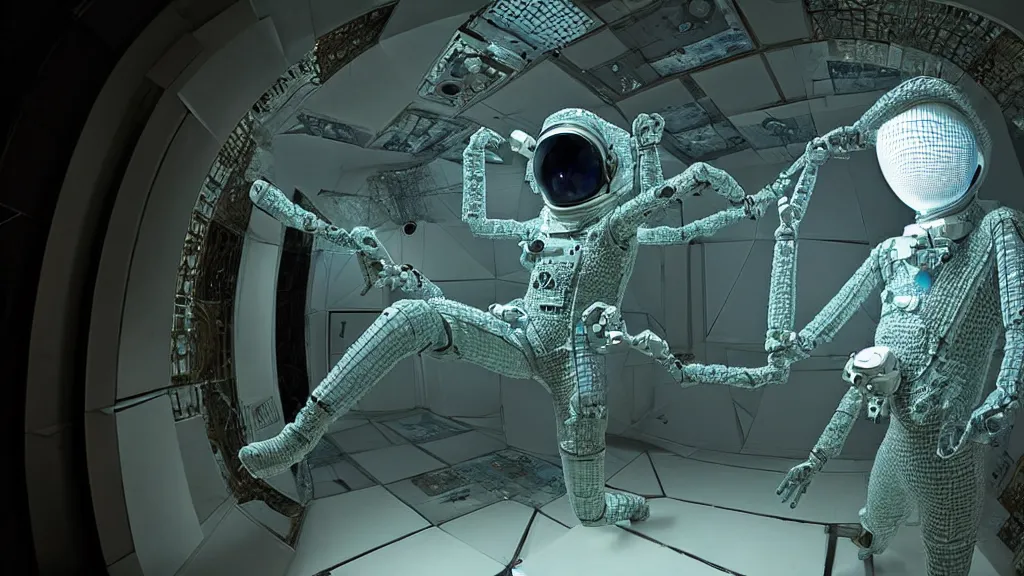 Image similar to a cybernetic symbiosis of a single astronaut eva suit infected with diamond 3d fractal lace iridescent bubble 3d skin covered with insectoid compound eye camera lenses floats through the living room, film still from the movie directed by Denis Villeneuve with art direction by Salvador Dalí, wide lens,