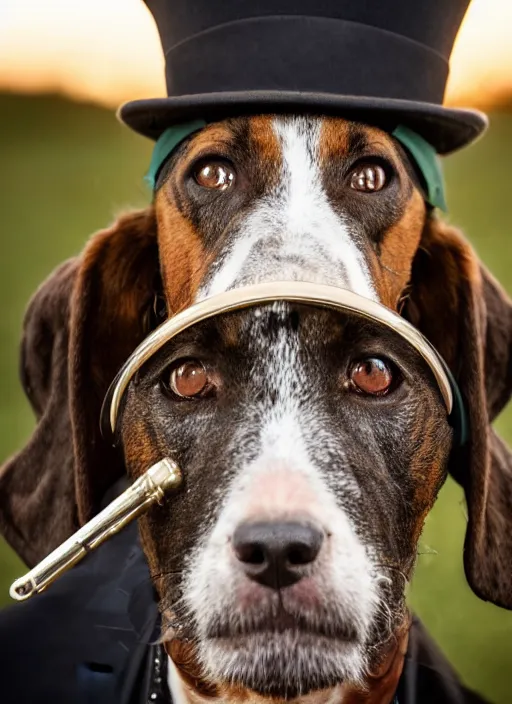 Image similar to closeup portrait of a hunting terrier wearing a suit and a monocle and a top hat, depth of field, zeiss lens, detailed, centered, by Annie Leibovitz and Steve McCurry, David Lazar, Jimmy Nelsson, Breathtaking, 8k resolution, extremely detailed, beautiful, establishing shot, artistic, hyperrealistic, beautiful face, octane render