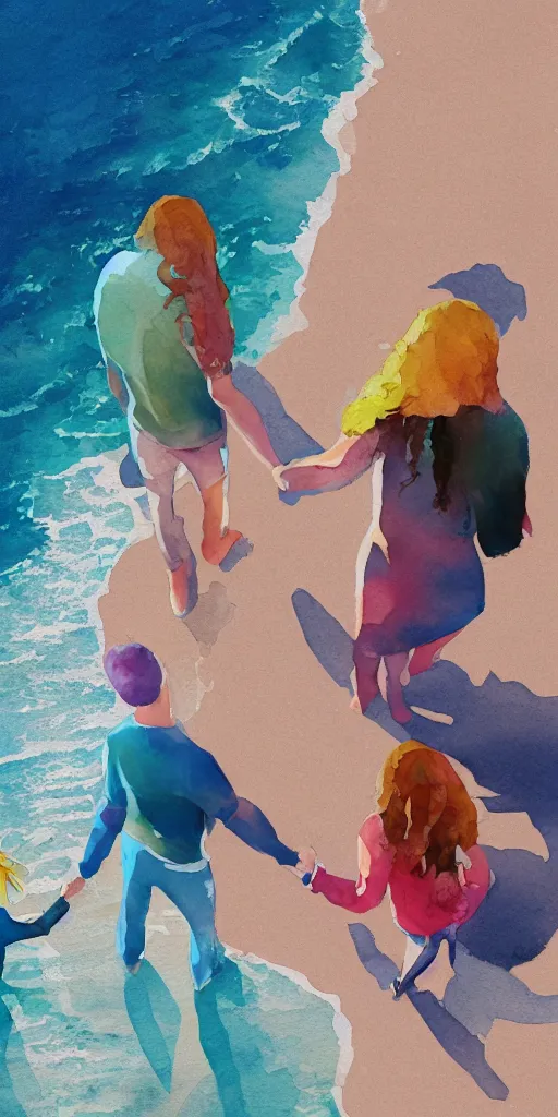 Image similar to hippie style family of woman, men, girl is taller, boy is shorter looking at the ocean holding hands, far - view, art, cinematic composition, octane render, high detail, 8 k, artstation trending, watercolor, artwork by tooth wu, colorful contrast, very coherent, thick lineart