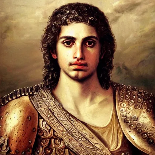 Image similar to A 17th century Baroque Painting of Alexander the Great, portrait of Alexander the Great, grainy, realistic, very realistic, hyperrealistic, highly detailed, very detailed, extremely detailed, very neat, very epic, very cool, detailed, trending on artstation