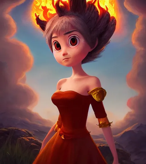 Prompt: An epic fantasy comic book style portrait painting of an extremely cute and adorable very beautiful volcano fire spirit, character design by Mark Ryden and Pixar and Hayao Miyazaki, unreal 5, DAZ, hyperrealistic, octane render, cosplay, RPG portrait, dynamic lighting, intricate detail, summer vibrancy, cinematic