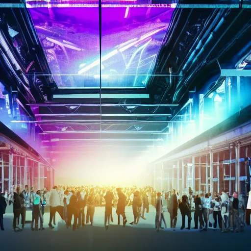 Image similar to large group people in a warehouse, looking at hologram of futuristic city on a table, cinematic concept art, godrays, golden hour, natural sunlight, 4 k, clear details, tabletop model buildings, tabletop model, hologram center, drone perspective