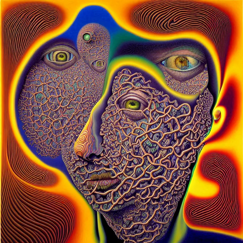 Image similar to infinite fractals of consciousness forming a human face, recursion, surreal, by salvador dali and mc escher and alex grey, oil on canvas, hd, dreams, intricate details, warm colors