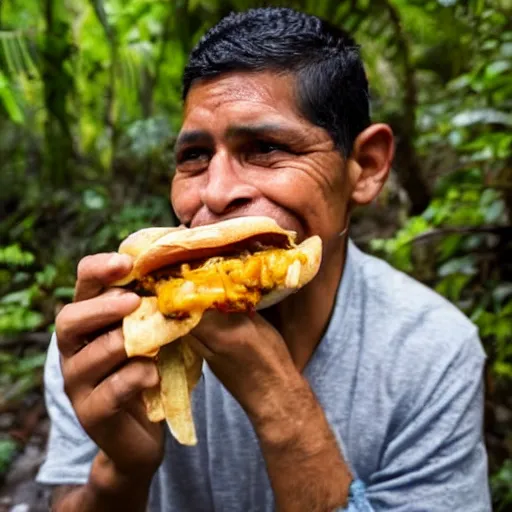 Image similar to a high detail photograph of a proud guatemalan citizen eating a hamburger in the middle of the jungle, award winning photograph