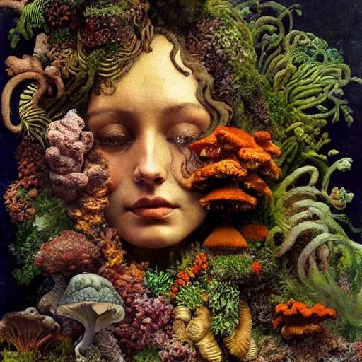 Image similar to a sculpture portrait made of smoke mushrooms and coral reefs and crystals and plants, painting part by wojciech siudmak, part by ilya repin, part by max ernst, part by norman rockwell, artstation