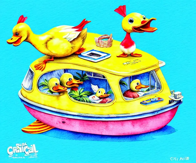 Image similar to cute and funny, duck riding in a tiny caribbean cruise ship, ratfink style by ed roth, centered award winning watercolor pen illustration, isometric illustration by chihiro iwasaki, edited by craola, tiny details by artgerm and watercolor girl, symmetrically isometrically centered