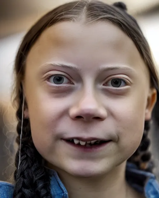 Prompt: film still close - up shot of greta thunberg with face piercings giving a speech in a crowded train station eating pizza, smiling, the sun is shining. photographic, photography