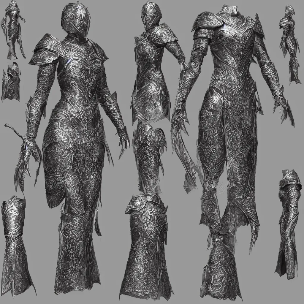 Prompt: concept layout of 3 d rendered suit of decorative female armor, filigree, lord of the rings, elder scrolls, detailed, art station, unreal engine