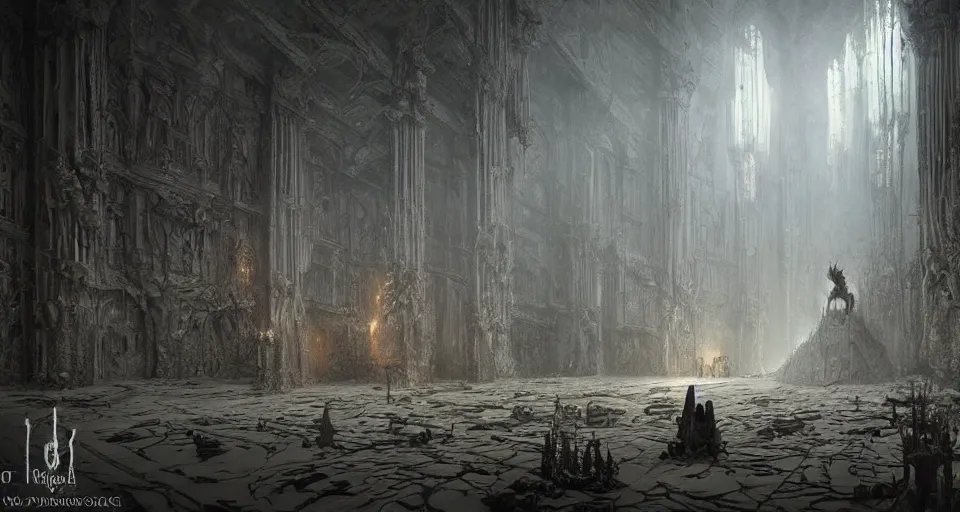 Image similar to king of the wolves - fantasy, inside the king's hall wolves and their treasures, ethereal, ominous, misty, 8 k, by h. r. giger and greg rutkowski, the last guardian by fumito ueda - elden ring