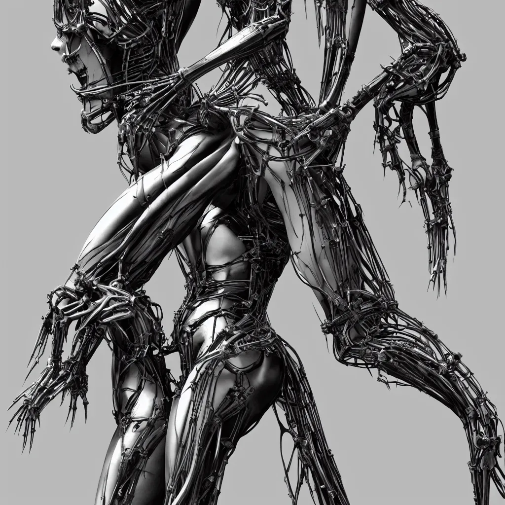 Prompt: a beautiful female is infected with a biomechanical suit, octane render, hyper realistic, art by hr giger and alvin schwartz, black and white, full body, epic angle