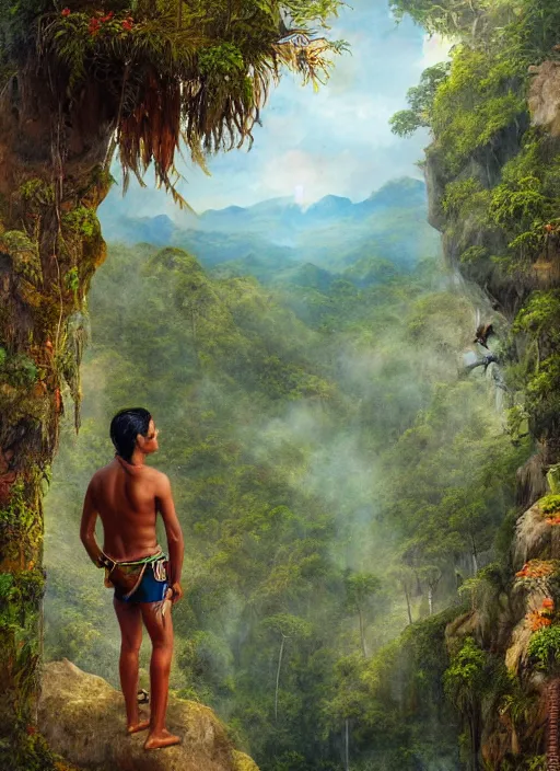 Prompt: a young indigenous amazon man standing at the top of a cliff, matte painting, ayahuasca, fantasy art, highly detailed