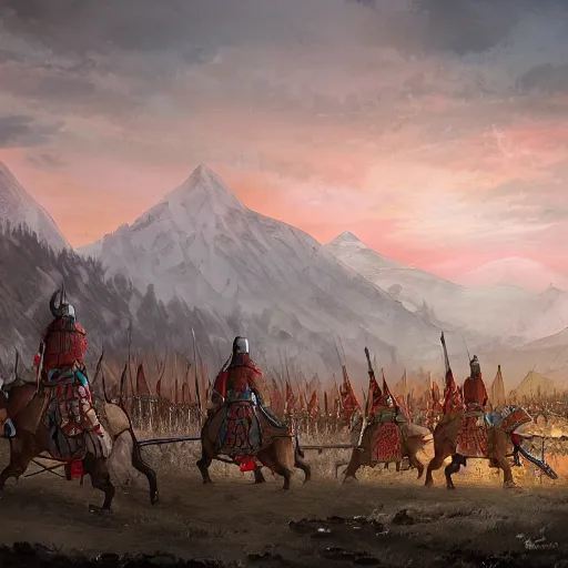 Prompt: Medieval Mongolian army camp at dawn before battle As featured on Artstation By Randy Vargas