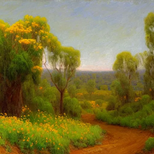 Image similar to a painting of a dirt road surrounded by eucalyptus trees and california golden poppies, woodland hill in the distance. an oil painting by Julian Onderdonk, green orange violet triadic color palette, featured on deviantart, australian tonalism, pre-raphaelite, impressionism, detailed painting