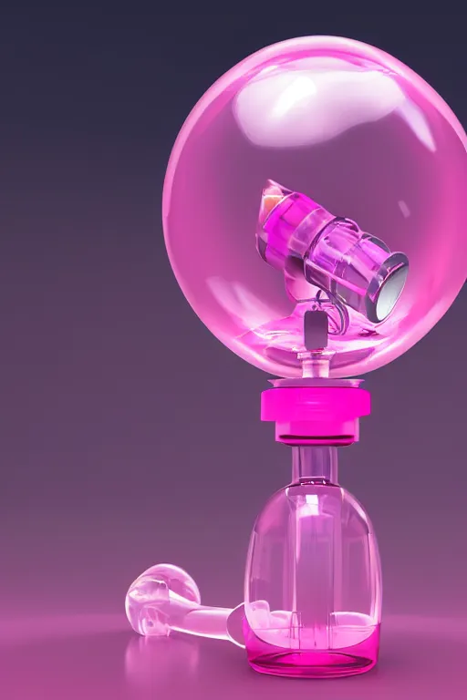 Prompt: Pink Vapor Inhalation Machine Conected to a Spherical Bottle of Pink Liquid by a Tube, Pink Vapor Leaking from an Oxygen Mask, fantasy, magic, ultra detailed, digital art, trending on artstation, illustration