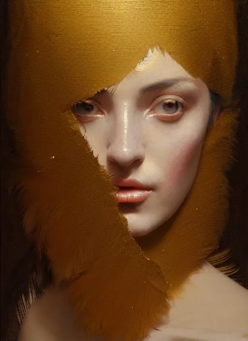 Prompt: portrait of a woman's face made of feathers and veiled in gold, by jacques - louis david, by greg rutkowski, by zdzisław beksinski, by josep tapiro baro, trending on artstation, featured on pixiv, masterpiece, oil on canvas, cinematic composition, dynamic beautiful lighting,