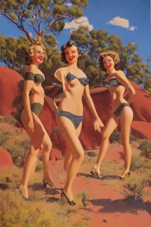 Image similar to 1940s group of pinup bikini girls walking around 1940s Ayers Rock, Uluru, in Australia, oil painting, by Gil Elvgren