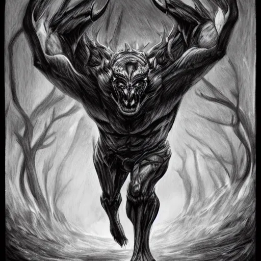 Image similar to full body grayscale drawing by Anato Finnstark of muscled horned humanoid beast, swirling flames