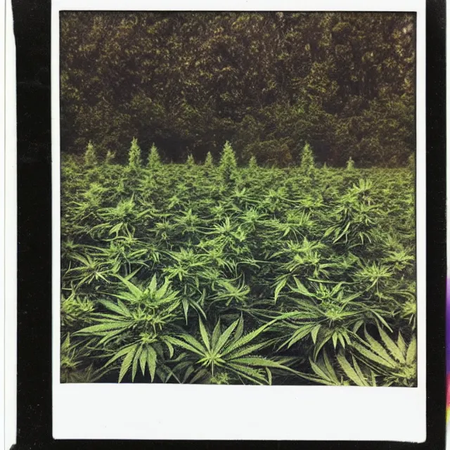 Image similar to very beautiful polaroid photo of a cannabis field by a stream on a clear day with a rainbow