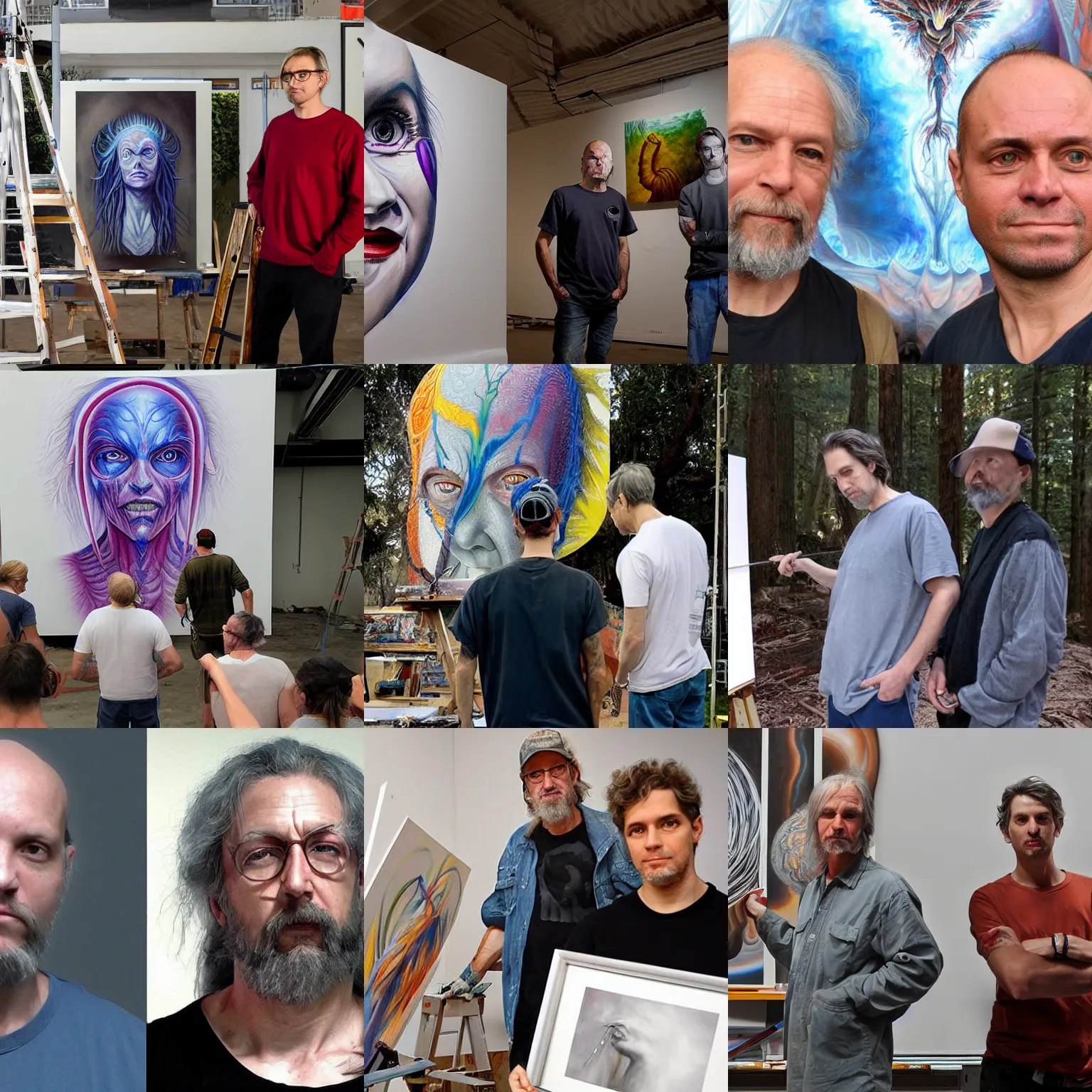 Image similar to painters Alex Grey together with painter Greg Rutkowski looking in the camera at the people who stole their job