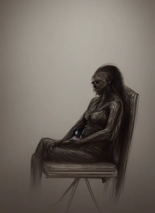 Image similar to a woman sitting in a chair in a dark room, a detailed matte painting by giger, trending on cgsociety, video art, tesseract, rendered in unreal engine