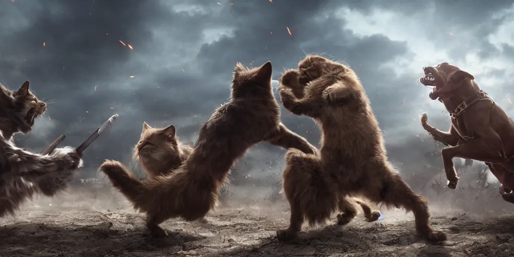 Image similar to epic battle scene cats versus dog, the last stand, Epic Background, highly detailed, sharp focus, 8k, 35mm, cinematic lighting