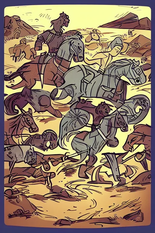 Image similar to “Poster of Viking horsemen in a battle with Mini Cooper Countryman Hybrid . Retro cartoon caricature.”