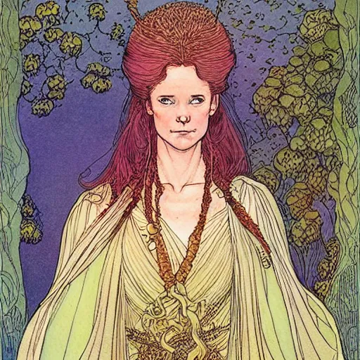 Prompt: a beautiful portrait of sanna!!!!! marin!!!!!, the young female prime minister of finland as a druidic wizard by rebecca guay, michael kaluta, charles vess and jean moebius giraud