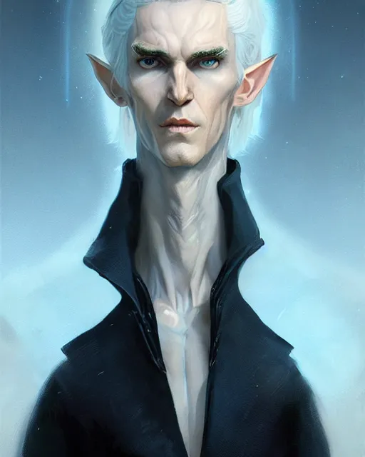 Prompt: character portrait of a slender half - elven man with white hair, piercing blue eyes and pale bluish skin, by greg rutkowski, mark brookes, jim burns, tom bagshaw, trending on artstation