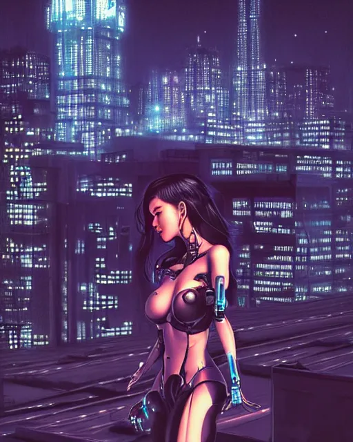 Prompt: a night rooftop scene by Liam Wong, close shot of a photorealistic beautiful half cyborg woman by Artgerm and NeoArtCorE Artgerm and NeoArtCorE Artgerm and NeoArtCorE Artgerm and NeoArtCorE on the rooftop looking at the city below, the half cyborg woman is wearing a long trench coat