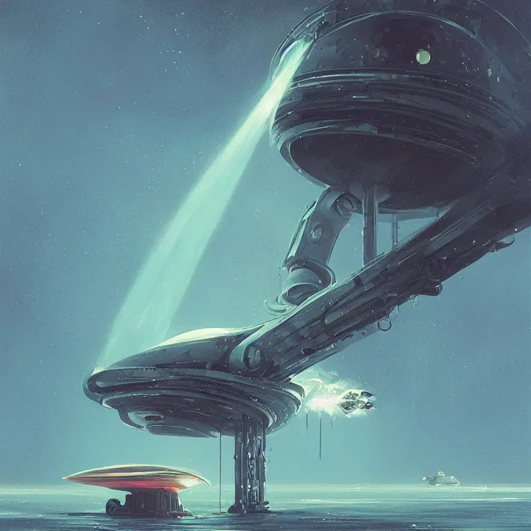 Image similar to mechanical nautilus spaceship dripping wet emerging from a the ocean blast off, sci - fi concept art, by john harris, by simon stalenhag, stunning, award winning