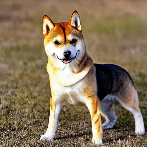 Image similar to A cross between a Shiba Inu and a Tabby Cat, photograph