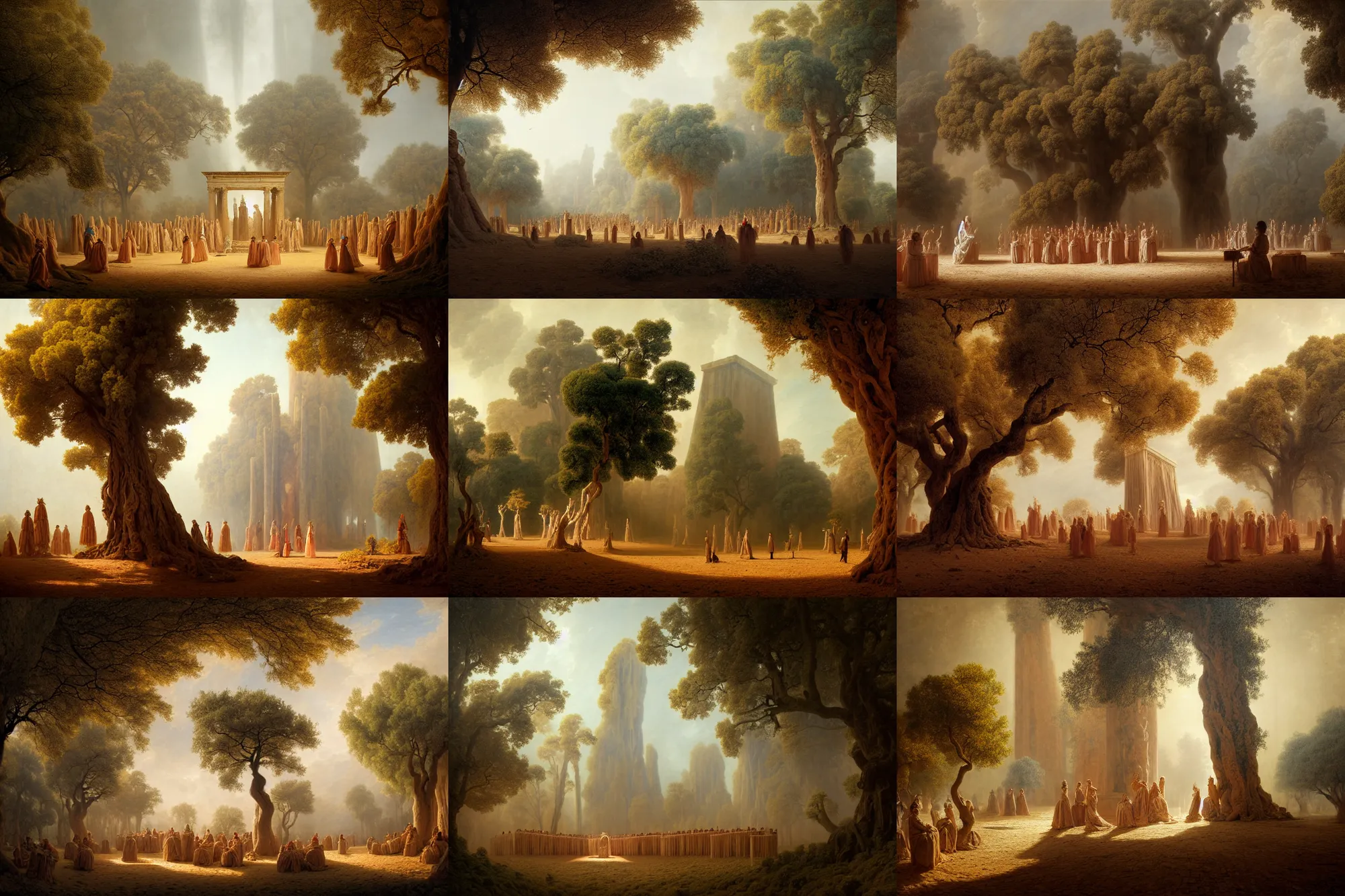 Prompt: colonial maze of dry trees with a choir wearing drapery sit around a large monolith, raining ash, stoic, light dust, magnificent, hyperdetailed, theatrical, dutch angle, close up, masterpiece, painted by jean honore fragonard and greg rutkowski and rob alexander