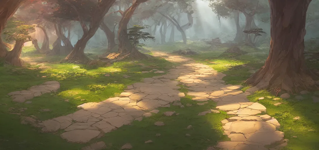 Image similar to concept art by sylvain sarrailh of an stone path leading to an abandonned asian temple, asiatic forest, studio ghibli