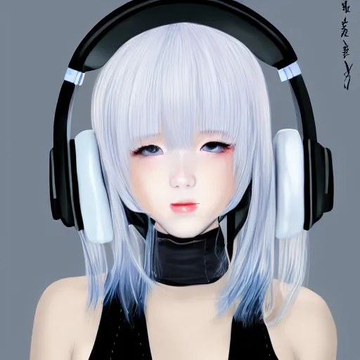 Image similar to realistic teasing detailed semirealism beautiful gorgeous cute Blackpink Lalisa Manoban white hair white cat ears blue eyes, wearing black camisole outfit, headphones, black leather choker full HD 4K high resolution quality WLOP, Aztodio, Taejune Kim, Guweiz, Pixiv, Instagram, Artstation