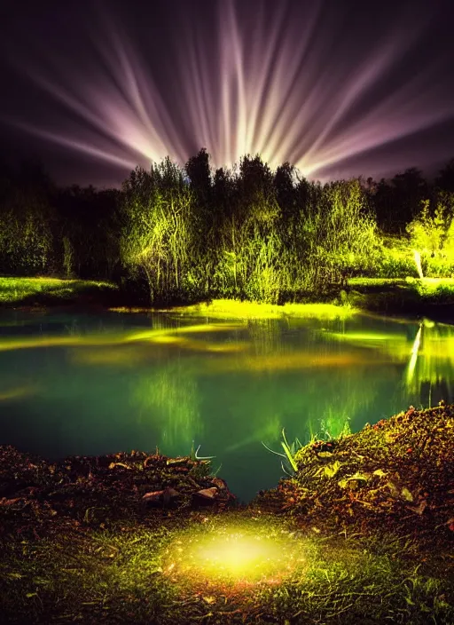 Prompt: photography at night of an ethereal pond, a central sunlight glare, mystical lights, cyber futuristic lights in the sky, masterpiece, epic, cinematic, hyperealistic photo, high detailed, flashlight at night