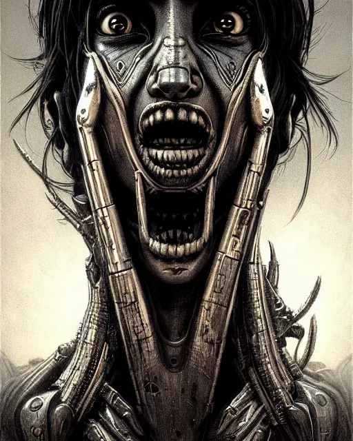 Prompt: pharah from overwatch, monster, character portrait, portrait, close up, concept art, intricate details, highly detailed, horror poster, horror, vintage horror art, realistic, terrifying, in the style of michael whelan, beksinski, and gustave dore