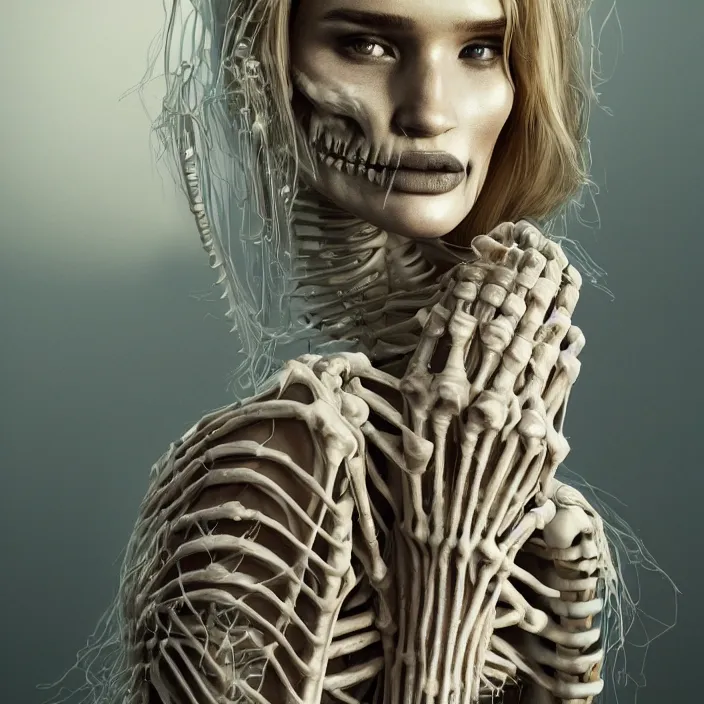 Image similar to portrait of rosie huntington-whiteley as a skeleton. intricate abstract. intricate artwork. nightmare fuel. by Tooth Wu, wlop, beeple, dan mumford. octane render, trending on artstation, greg rutkowski very coherent symmetrical artwork. cinematic, hyper realism, high detail, octane render, 8k, iridescent accents