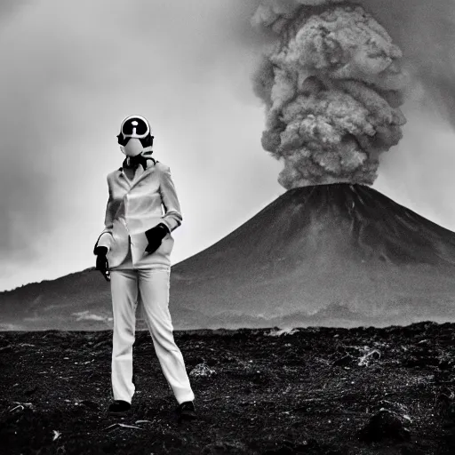 Image similar to agent woman with white suit, she wear gasmask, standing close to volcano, fire raining, professional photography, black and white, cinematic, eerie