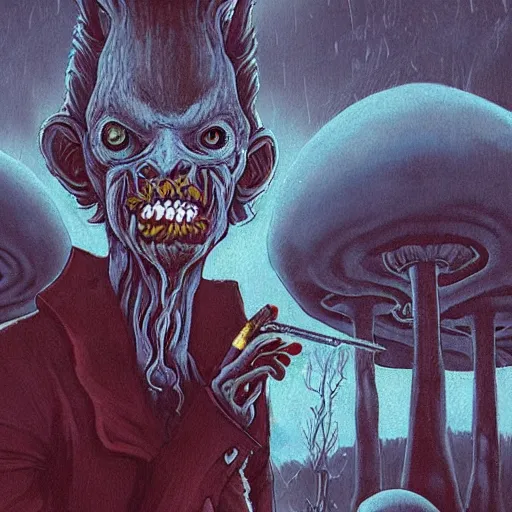 Image similar to 4 k headshot portrait of a psychedelic demonic anthropomorphic wendigo smoking a hand - rolled cigarette smoking heavily, magic mushroom village in background. award winning. superb resolution. in the art style of junji ito and greg rutkowski. detailed mushroom city in background. hyper realistic anime. perfect art. dalle 2