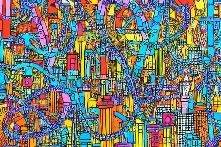 Image similar to an elaborate penned child illustration of a colorful intricate connected city of tubes and pipes, by martin handford and by jan van haasteren