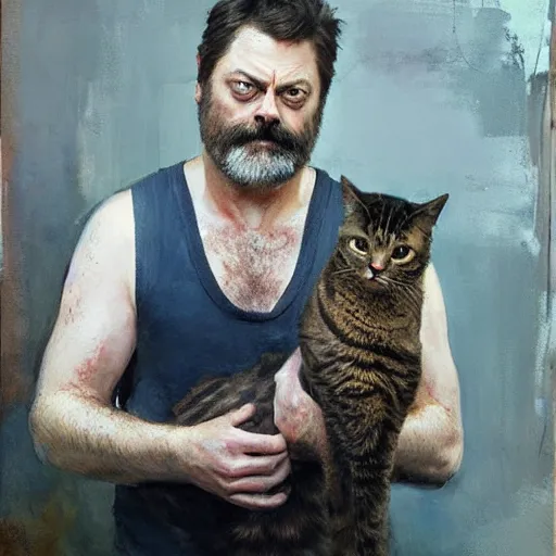 Image similar to nick offerman with body of a cat, jeremy mann painting