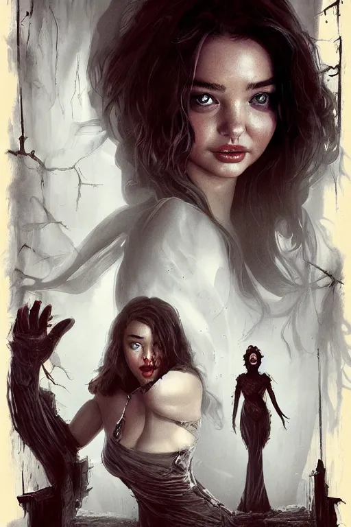 Prompt: movie poster of miranda kerr staring in a 1980 horror movie, haunted house themed, by artgerm and greg rutkowski