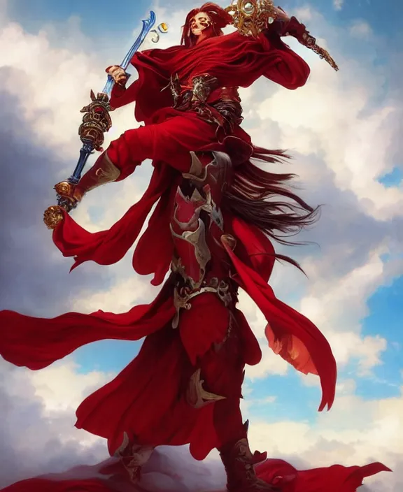 Image similar to A lifelike Portrait of a boisterous Red Mage wearing striped shining armor holding a staff of power surrounded by an epic cloudscape. The Magus Omega . Red Wizard. Morpheus. masterpiece. Symmetrical facial features. 4k digital illustration. by Ruan Jia and Artgerm and Andreas Rocha and William-Adolphe Bouguereau and Jean-Baptiste de Champaigne. award winning, Artstation, intricate details, realistic, Hyperdetailed, 8k resolution. Concept Painting. Key Art