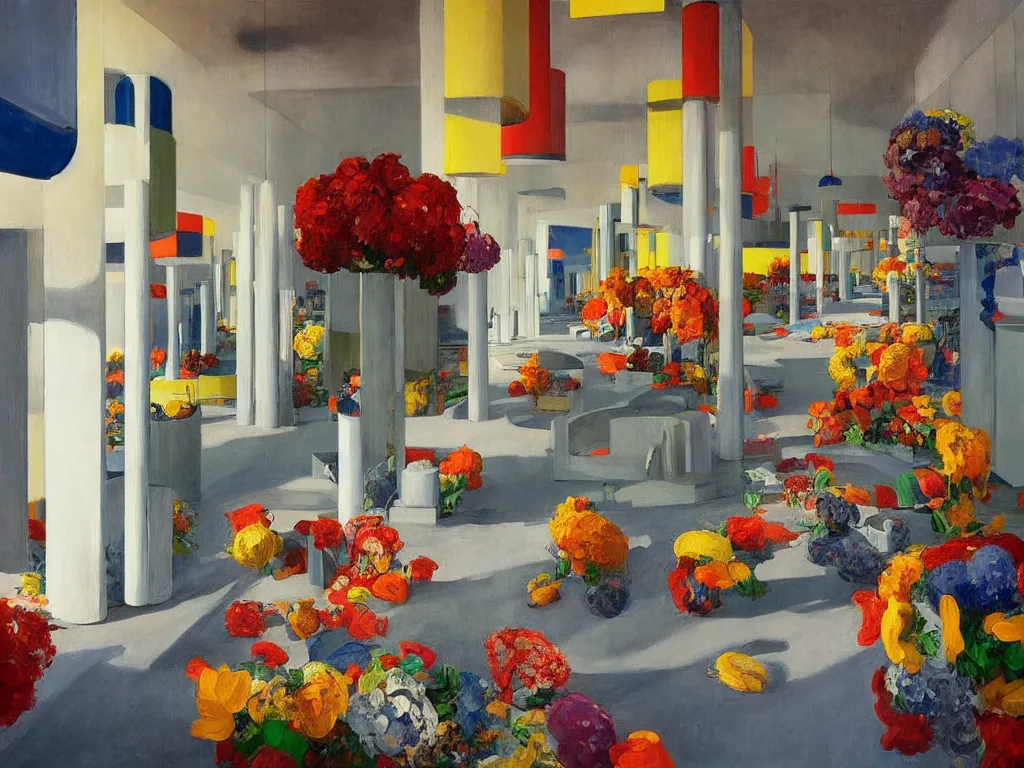 Prompt: colorful minimalist industrial interior hallway with monolithic pillars in the style of ridley scott and stanley kubrick, impossible stijl architecture, bed of flowers on floor, brutalist, ultra wide angle view, realistic detailed painting by edward hopper