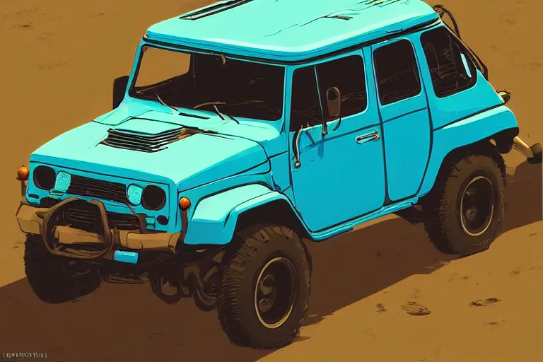 Image similar to digital illustration of a futuristic faded cyan mad max's fj 4 0 decrepit!!!! pursuit special, rusty!!! cyberpunk nissan fj cruiser heavily modded 1 9 9 0 s, the last v 8 interceptor by makoto shinkai, ilya kuvshinov, lois van baarle, rossdraws, basquiat