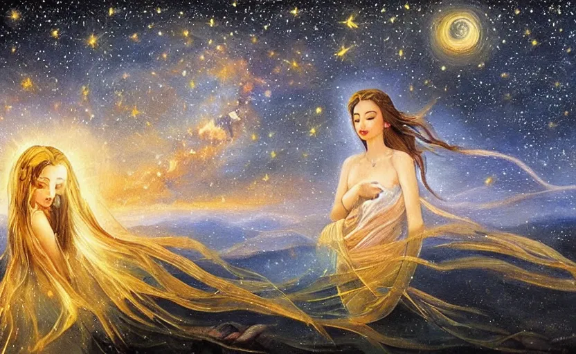 Prompt: magnificent and splendid oil painting of the shining Goddess of the night starry sky