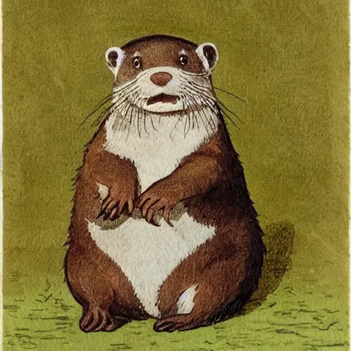 Image similar to an otter child holds a chestnut in its paws, Beatrix Potter,